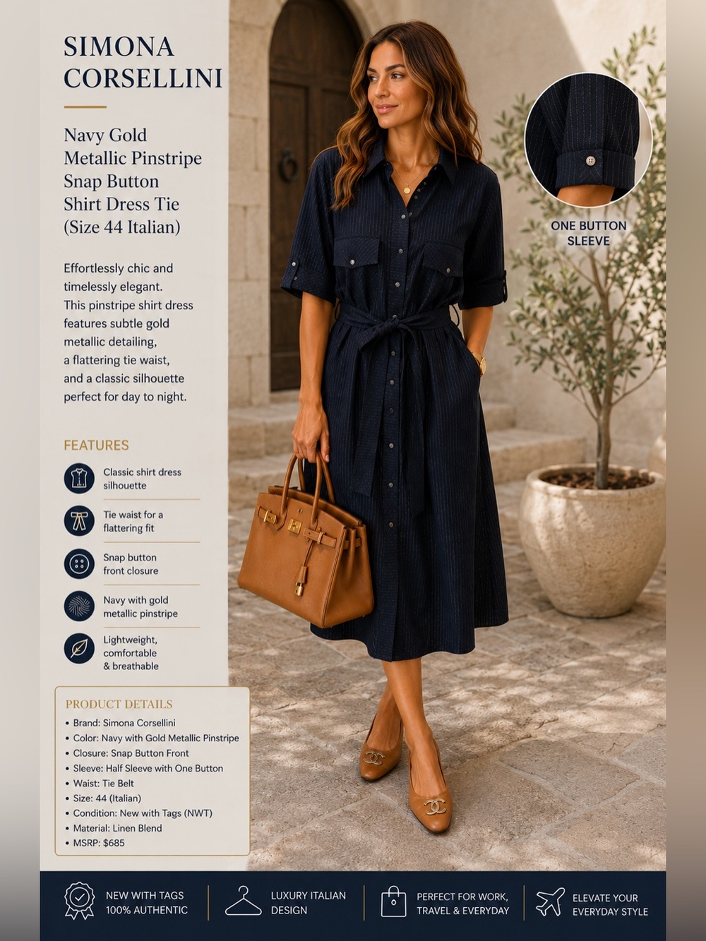 Simona Corsellini Navy Gold Metallic Pinstripe Snap Button Shirt Dress Tie 44 - Picture 14 of 14